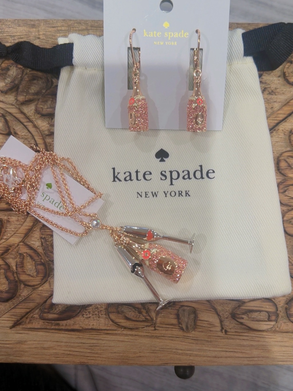 Kate Spade Rose Gold Glitter Champagne Bottle Drop Earrings